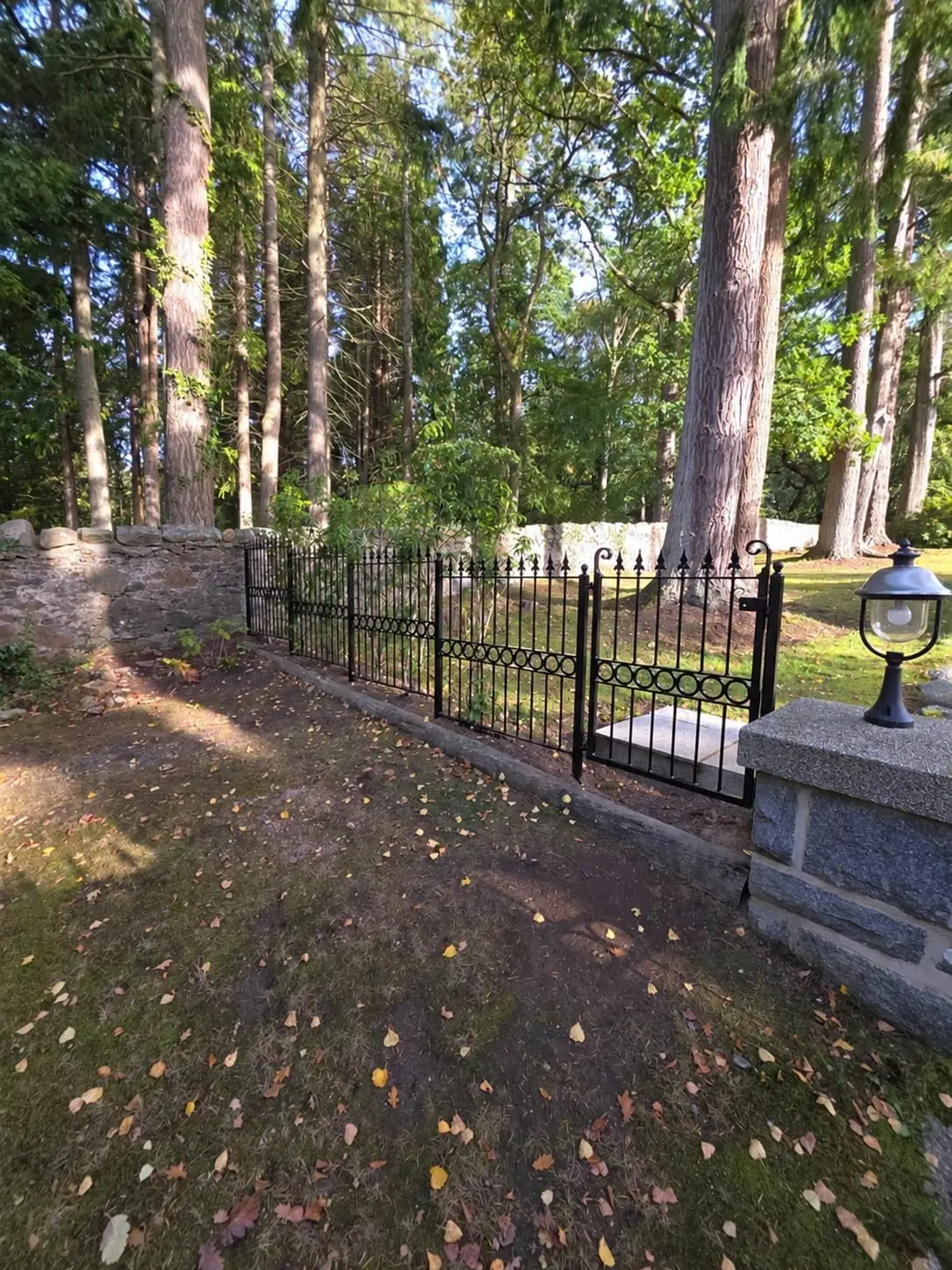 Black steel railings and pedestrian gate with spear finials and ring detail, fitted along a stone wall in woodland grounds